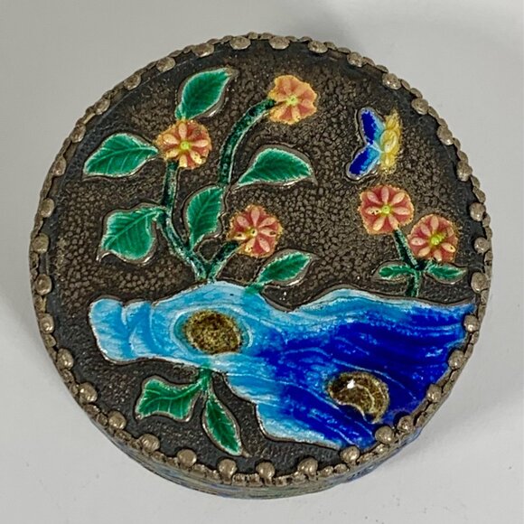 VTG Hand-Painted Floral Enamel Trinket Box Blue Butterfly Design Mirror Compact - Picture 1 of 7